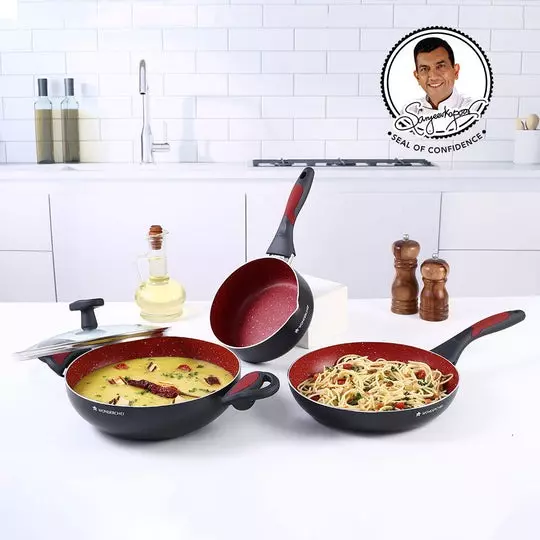 Wonderchef Burlington 1.15, 1.7 & 2.6 L Sauce Pan, Fry Pan & Kadhai with Glass Lid Pure Grade Aluminium Red/Black, 63153782 (4 Pcs Set)