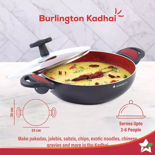 Wonderchef Burlington 1.15, 1.7 & 2.6 L Sauce Pan, Fry Pan & Kadhai with Glass Lid Pure Grade Aluminium Red/Black, 63153782 (4 Pcs Set)
