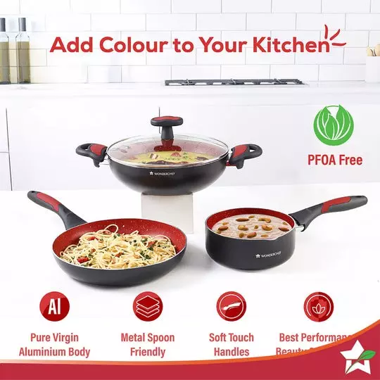 Wonderchef Burlington 1.15, 1.7 & 2.6 L Sauce Pan, Fry Pan & Kadhai with Glass Lid Pure Grade Aluminium Red/Black, 63153782 (4 Pcs Set)