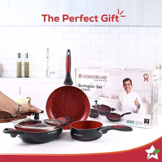 Wonderchef Burlington 1.15, 1.7 & 2.6 L Sauce Pan, Fry Pan & Kadhai with Glass Lid Pure Grade Aluminium Red/Black, 63153782 (4 Pcs Set)