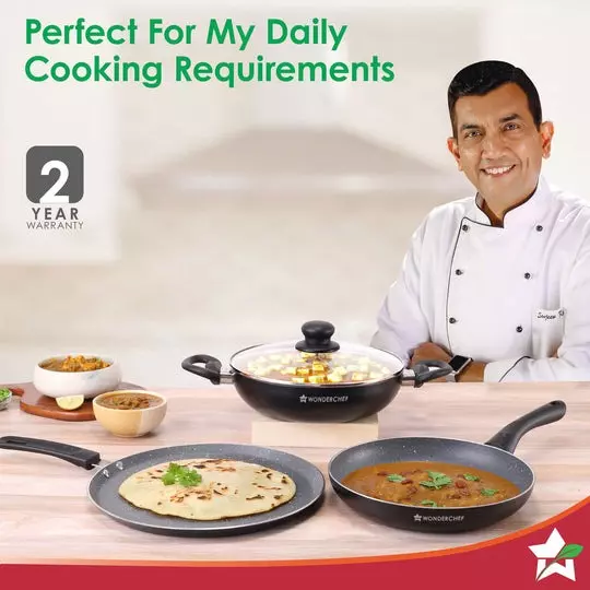 Wonderchef Sienna Dosa Tawa, Fry Pan & Kadhai with Glass Lid Non-Stick Virgin Aluminium Granite, 63155010 (4 Pcs Set)