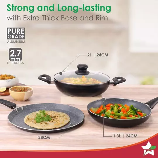 Wonderchef Sienna Dosa Tawa, Fry Pan & Kadhai with Glass Lid Non-Stick Virgin Aluminium Granite, 63155010 (4 Pcs Set)