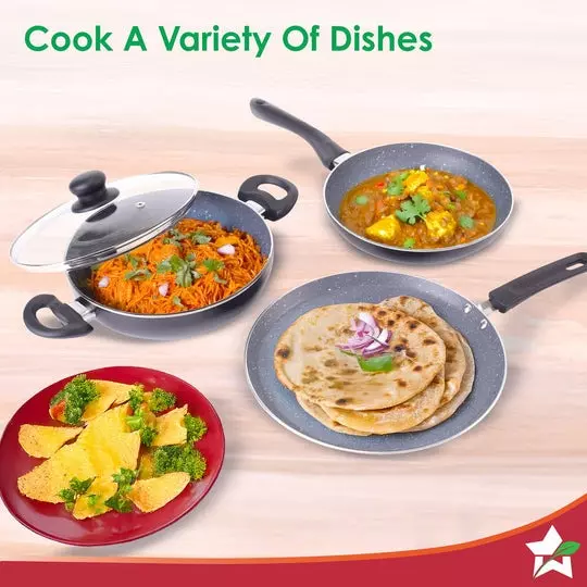 Wonderchef Sienna Dosa Tawa, Fry Pan & Kadhai with Glass Lid Non-Stick Virgin Aluminium Granite, 63155010 (4 Pcs Set)