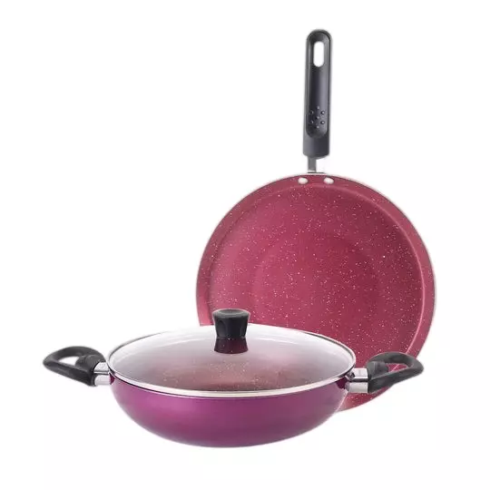 Wonderchef Bandhan Dosa Tawa & Kadhai with Glass Lid Non-Stick Pure Grade Aluminium Red and Purple, 63155008 (3 Pcs Set)