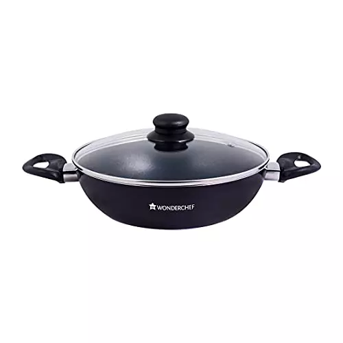 Wonderchef Ultra Kadhai with Glass Lid 24 cm 2.7 L Non Stick Virgin Aluminium Black, 63153300