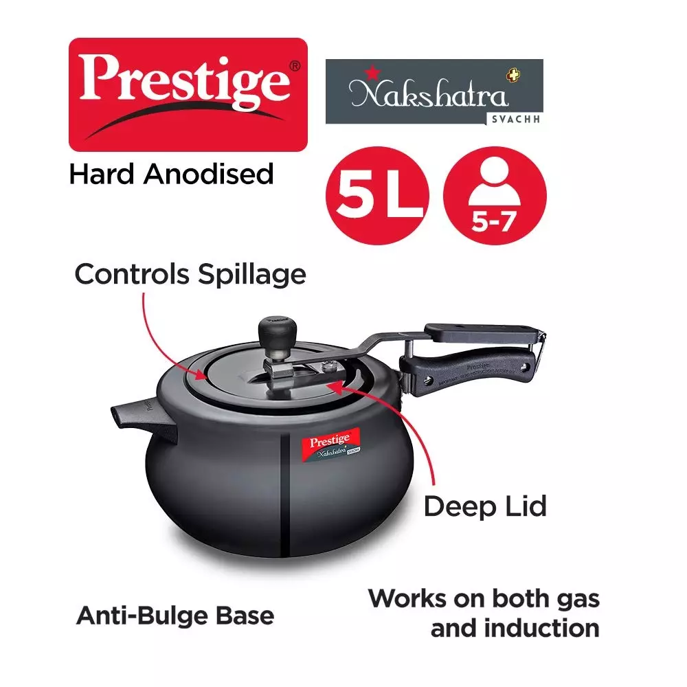 Prestige Svachh Nakshatra Plus Pressure Cooker 5 L Capacity Sturdy Handle Aluminium Black, 10761