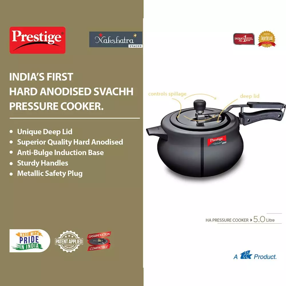 Prestige Svachh Nakshatra Plus Pressure Cooker 5 L Capacity Sturdy Handle Aluminium Black, 10761