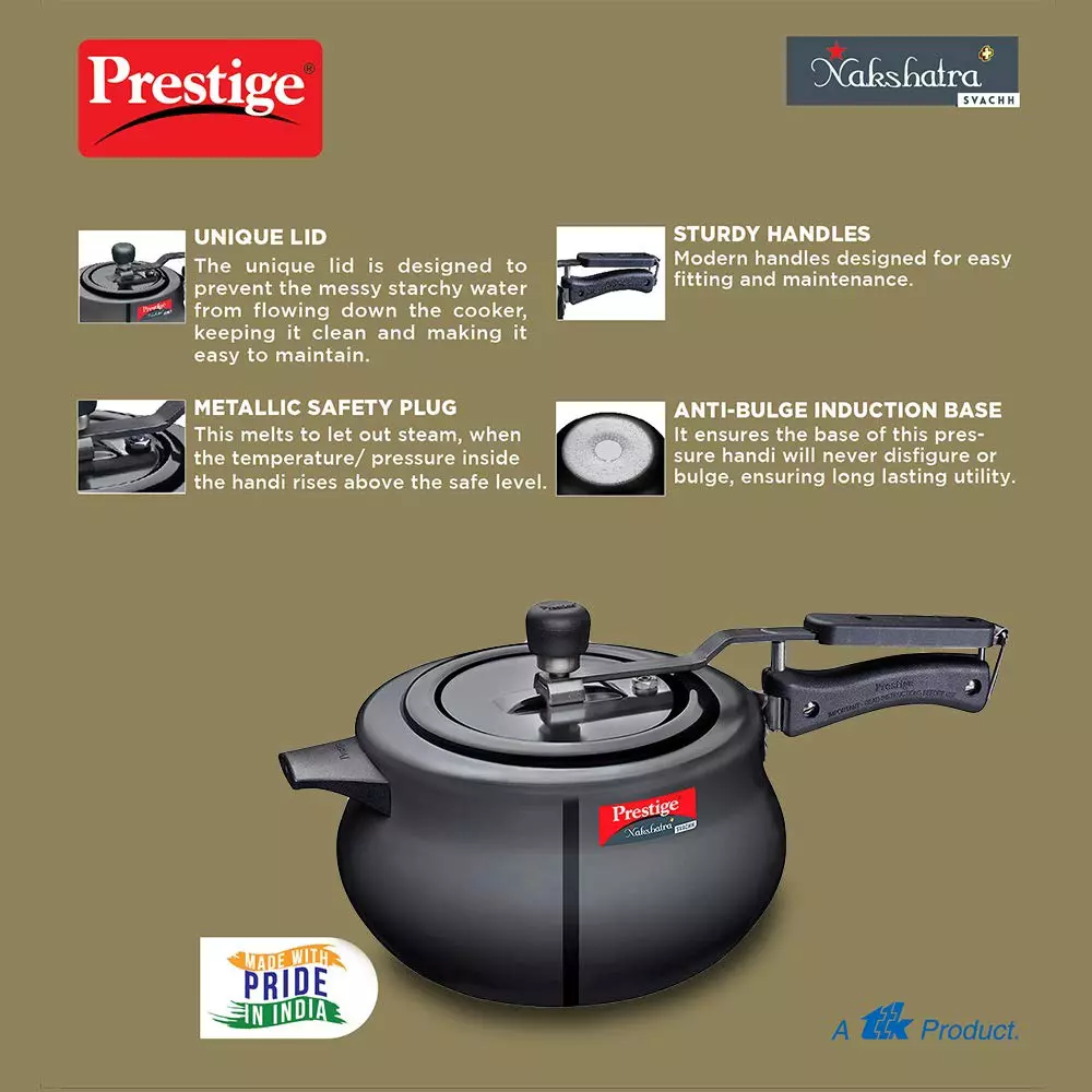 Prestige Svachh Nakshatra Plus Pressure Cooker 5 L Capacity Sturdy Handle Aluminium Black, 10761