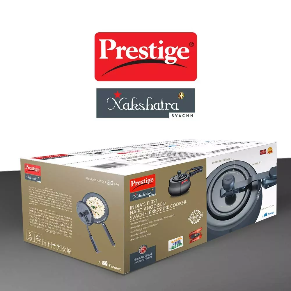 Prestige Svachh Nakshatra Plus Pressure Cooker 5 L Capacity Sturdy Handle Aluminium Black, 10761
