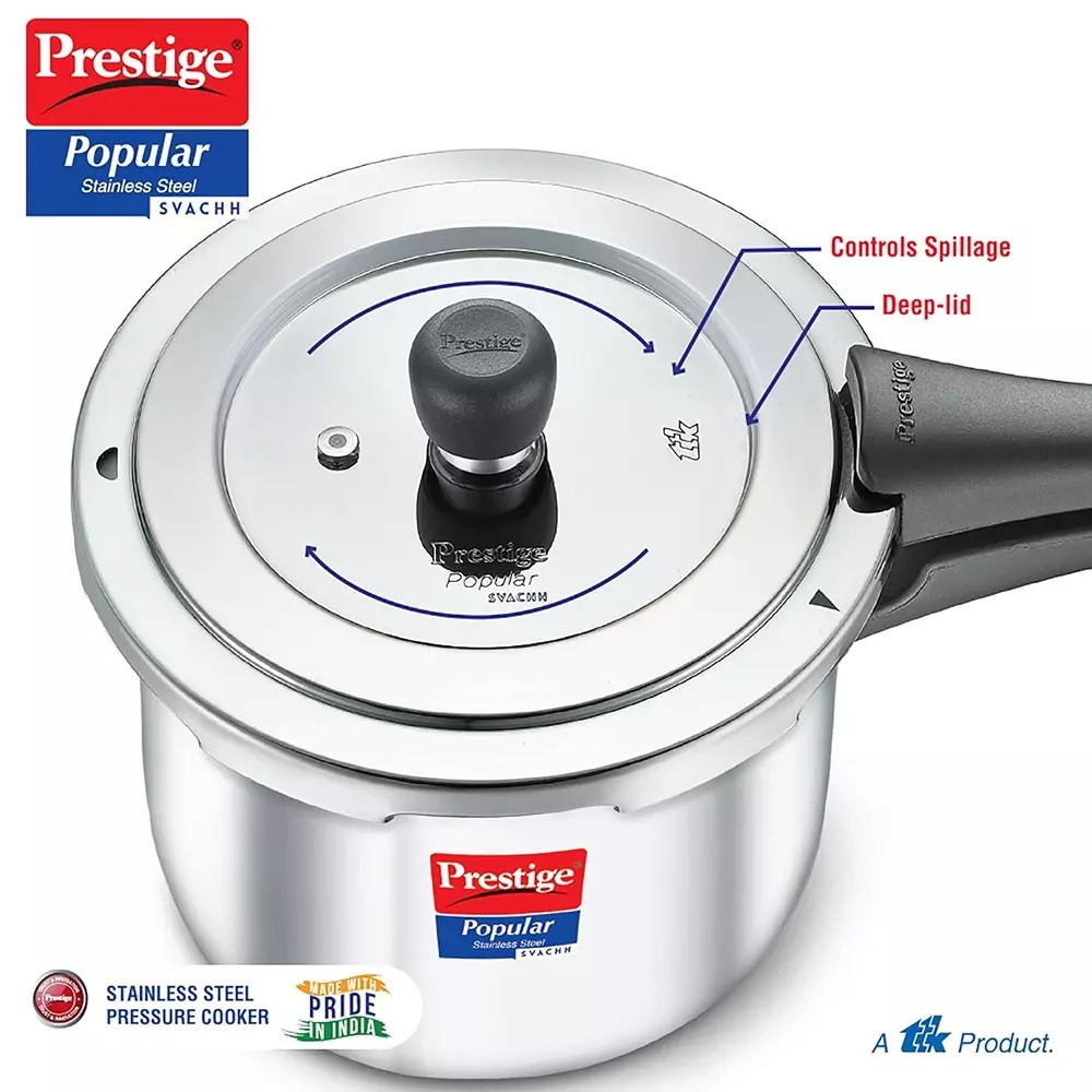 Prestige Popular Svachh Pressure Cooker 5 L Capacity Comfortable Handles Stainless Steel Silver, 20173