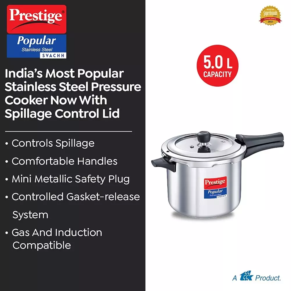 Prestige Popular Svachh Pressure Cooker 5 L Capacity Comfortable Handles Stainless Steel Silver, 20173