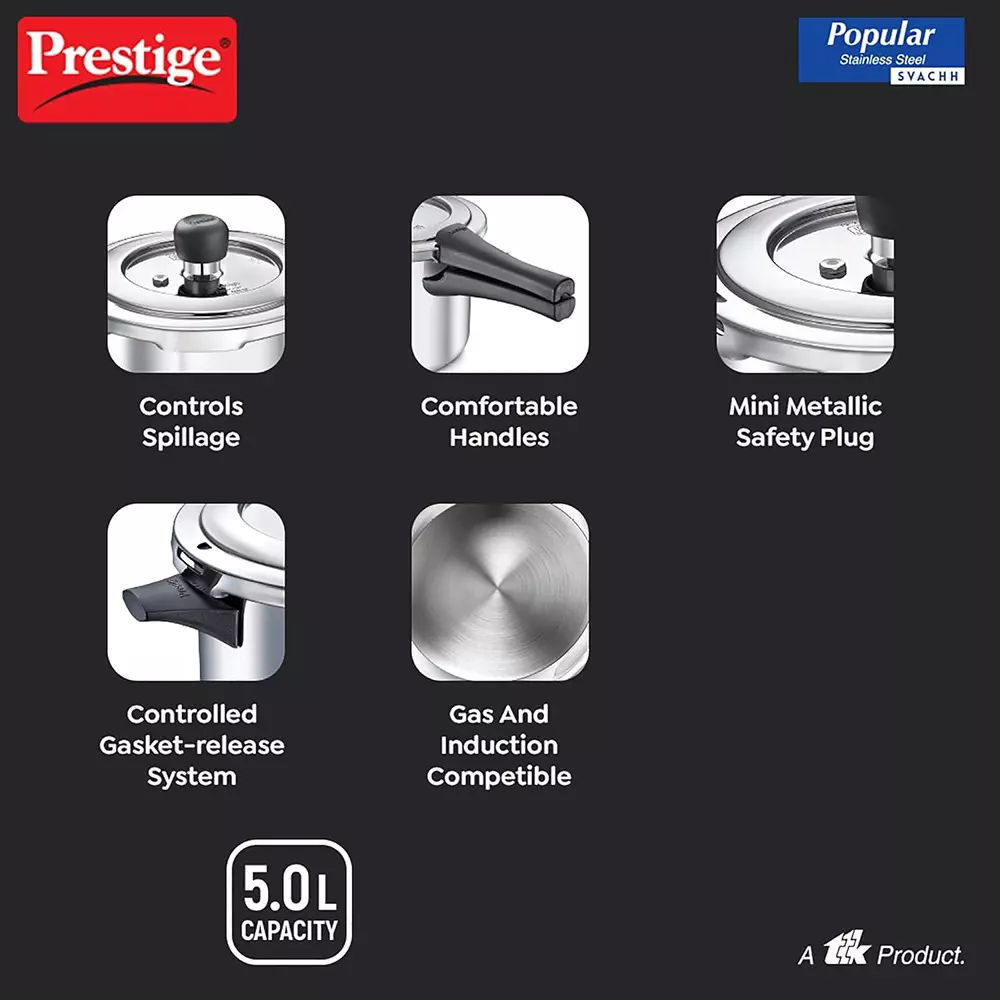 Prestige Popular Svachh Pressure Cooker 5 L Capacity Comfortable Handles Stainless Steel Silver, 20173