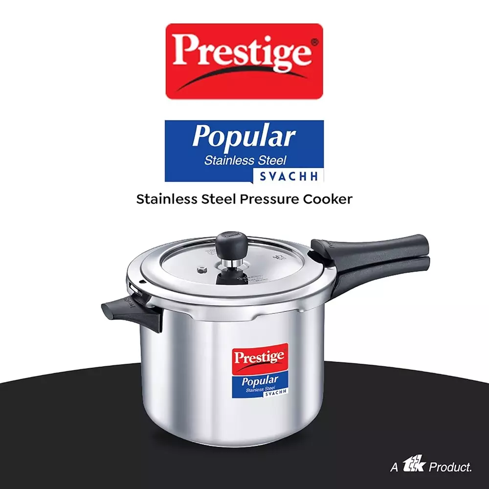 Prestige Popular Svachh Pressure Cooker 5 L Capacity Comfortable Handles Stainless Steel Silver, 20173