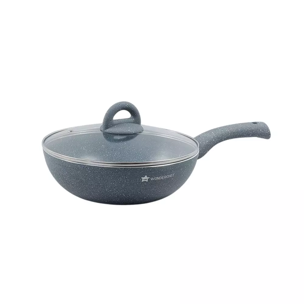 Wonderchef Granite Wok with Lid 26 cm 3.1 L Virgin Aluminium Non-Stick Grey, 63152994