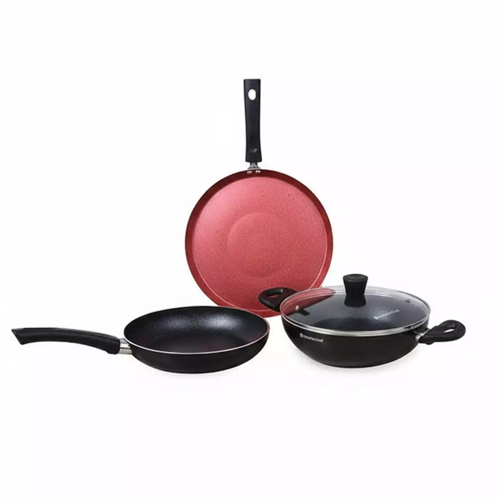 Wonderchef Galaxy Dosa Tawa, Fry Pan & Kadhai with Glass Lid Non-Stick Pure Grade Aluminium (4 Pcs Set)