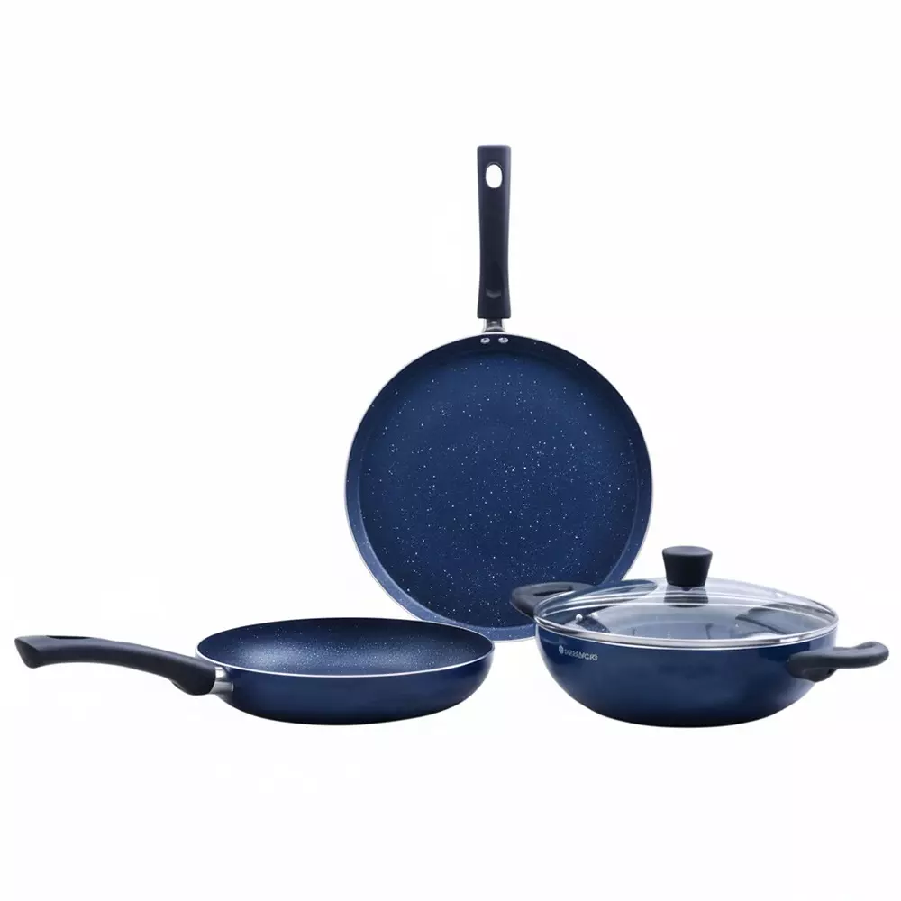 Wonderchef Galaxy Dosa Tawa, Fry Pan & Kadhai with Glass Lid Non-Stick Pure Grade Aluminium Midnight Blue, 63154697 (4 Pcs Set)