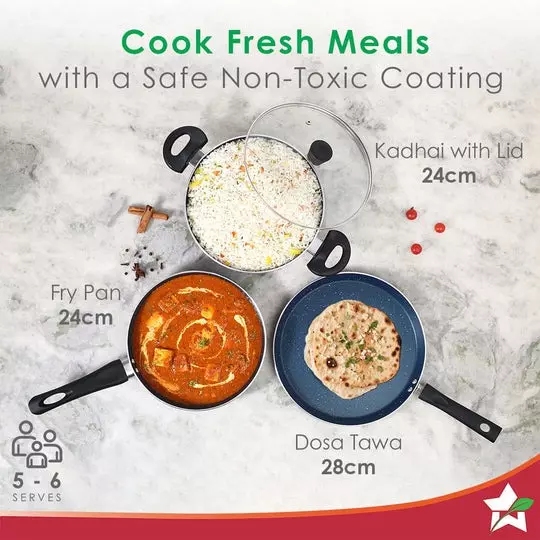 Wonderchef Galaxy Dosa Tawa, Fry Pan & Kadhai with Glass Lid Non-Stick Pure Grade Aluminium Midnight Blue, 63154697 (4 Pcs Set)
