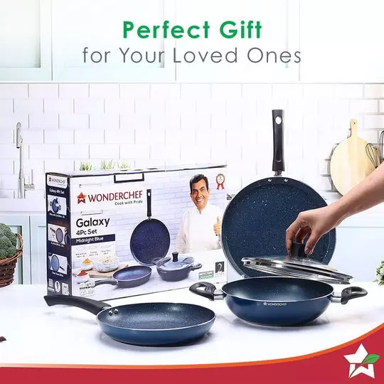 Wonderchef Galaxy Dosa Tawa, Fry Pan & Kadhai with Glass Lid Non-Stick Pure Grade Aluminium Midnight Blue, 63154697 (4 Pcs Set)