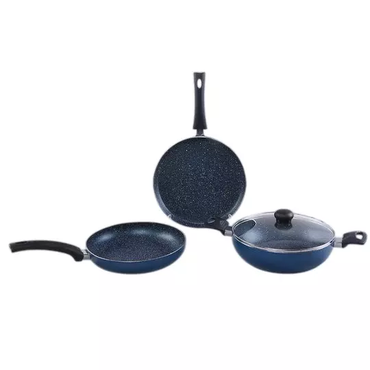 Wonderchef Sigma Dosa Tawa, Fry Pan & Kadhai with Glass Lid Non-Stick Virgin Aluminium Midnight Blue, 63153765 (4 Pcs Set)