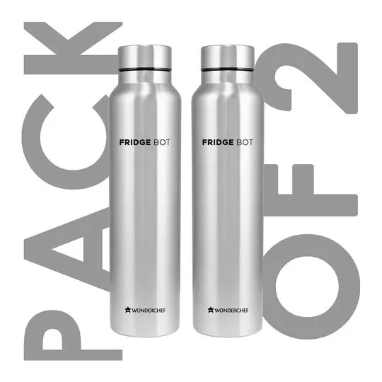 Wonderchef Fridge-Bot Water Bottle 1000 ml 304 Stainless Steel Chrome, 63153414 (2 Pcs Set)