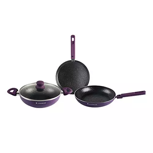 Wonderchef Diana Dosa Tawa, Fry Pan & Kadhai with Glass Lid Non Stick Virgin Aluminium Purple, 63153425 (4 Pcs Set)