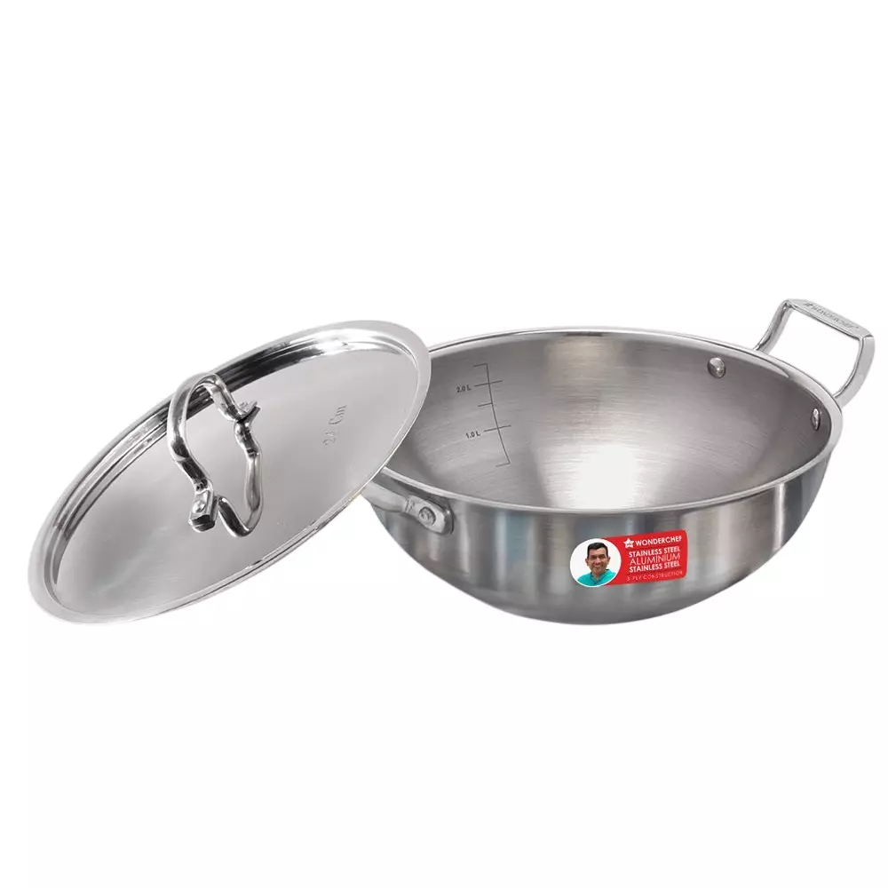 Wonderchef Stella Kadhai with Lid 24 cm 3 L Tri-ply Stainless Steel Non-Toxic Chrome, 63155052
