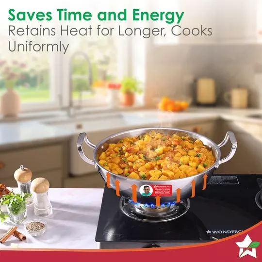 Wonderchef Stella Kadhai with Lid 24 cm 3 L Tri-ply Stainless Steel Non-Toxic Chrome, 63155052