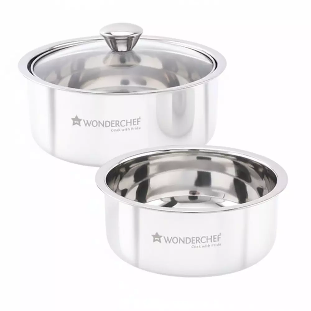 Wonderchef Austin 750 ml & 1.4 L Casserole Set with Glass Lid Stainless Steel Chrome, 63154756 (4 Pcs Set)