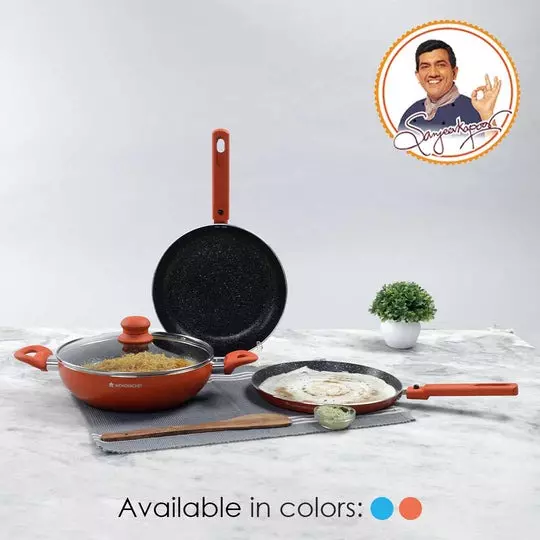 Wonderchef Power Dosa Tawa, Fry Pan & Kadhai with Glass Lid Non-Stick Pure Grade Aluminium Orange, 63153427 (4 Pcs Set)