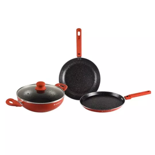 Wonderchef Power Dosa Tawa, Fry Pan & Kadhai with Glass Lid Non-Stick Pure Grade Aluminium Orange, 63153427 (4 Pcs Set)