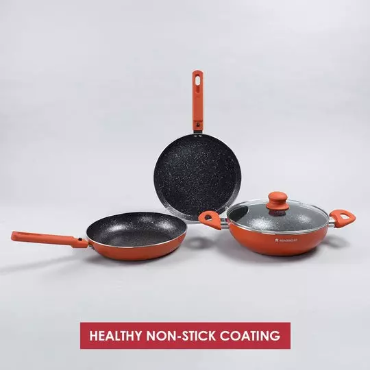 Wonderchef Power Dosa Tawa, Fry Pan & Kadhai with Glass Lid Non-Stick Pure Grade Aluminium Orange, 63153427 (4 Pcs Set)
