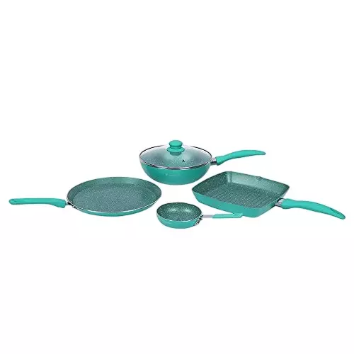 Wonderchef Celebration Dosa Tawa, Grill Pan, Fry Pan & Kadhai with Glass Lid Non Stick Virgin Aluminium Turquoise Blue, 63151530 (5 Pcs Set)