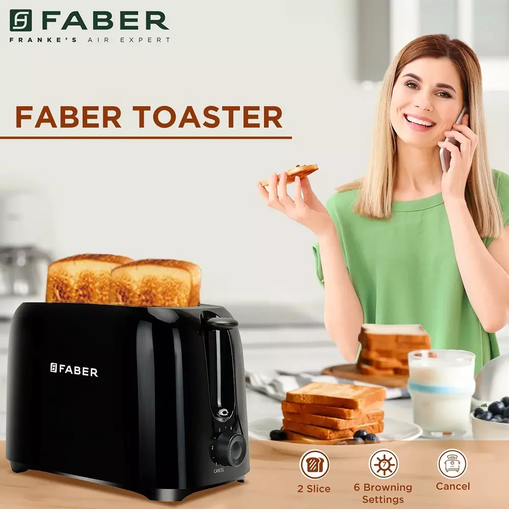 Faber Pop Up Toaster 750 W Power Cord Wrap Storage Knob Control With LED Indicating Buttons Black