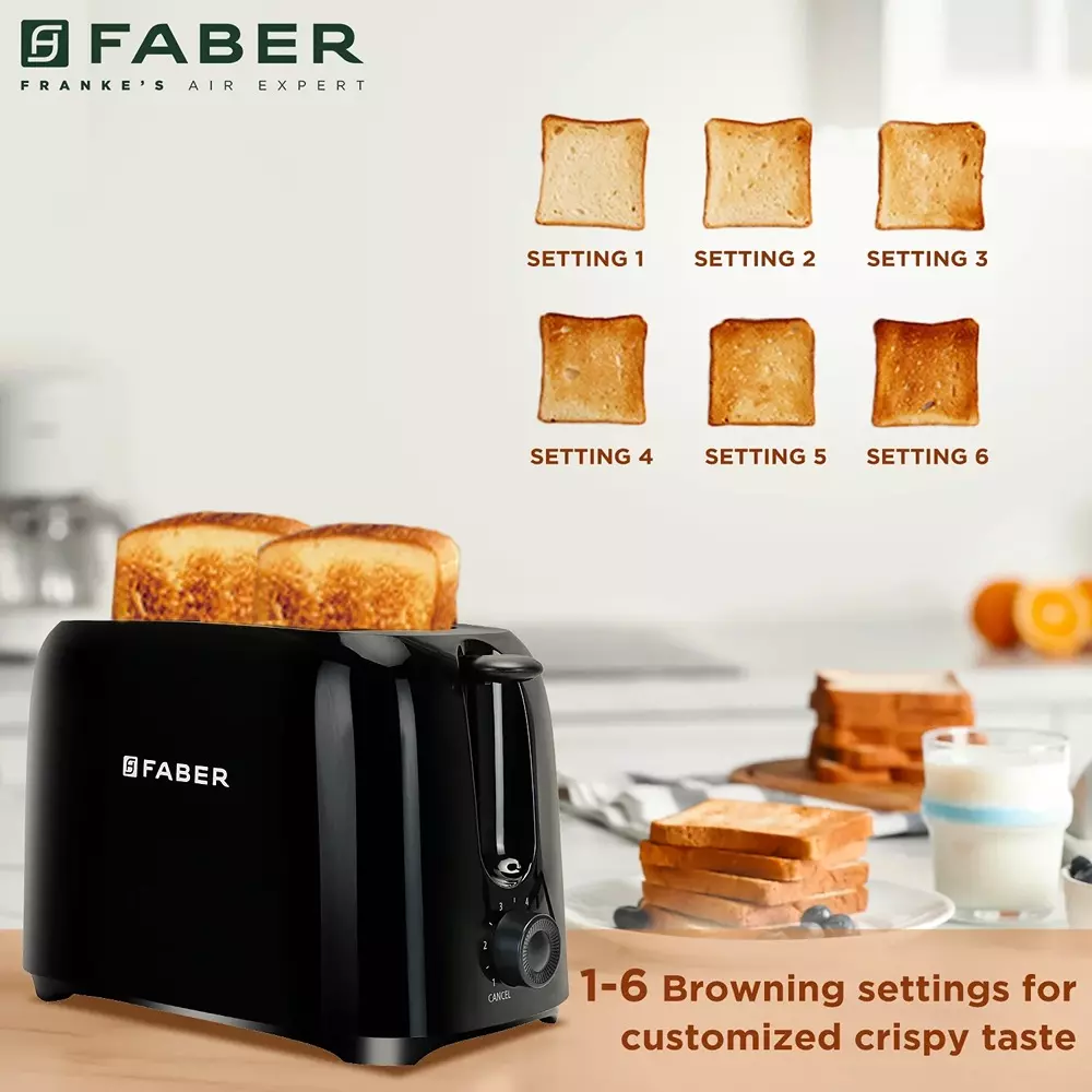 Faber Pop Up Toaster 750 W Power Cord Wrap Storage Knob Control With LED Indicating Buttons Black