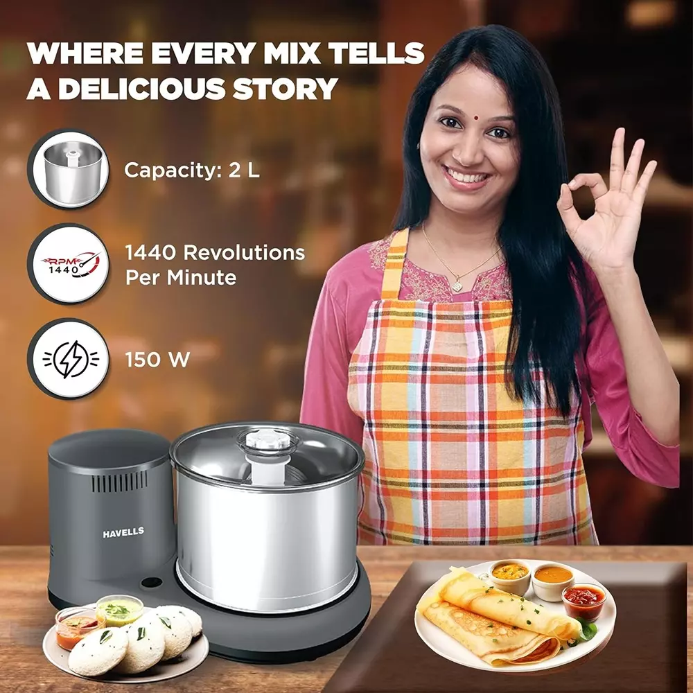 Havells Alai Plus 150 W Wet Grinder 2 L Grey, GHFWGCXE015