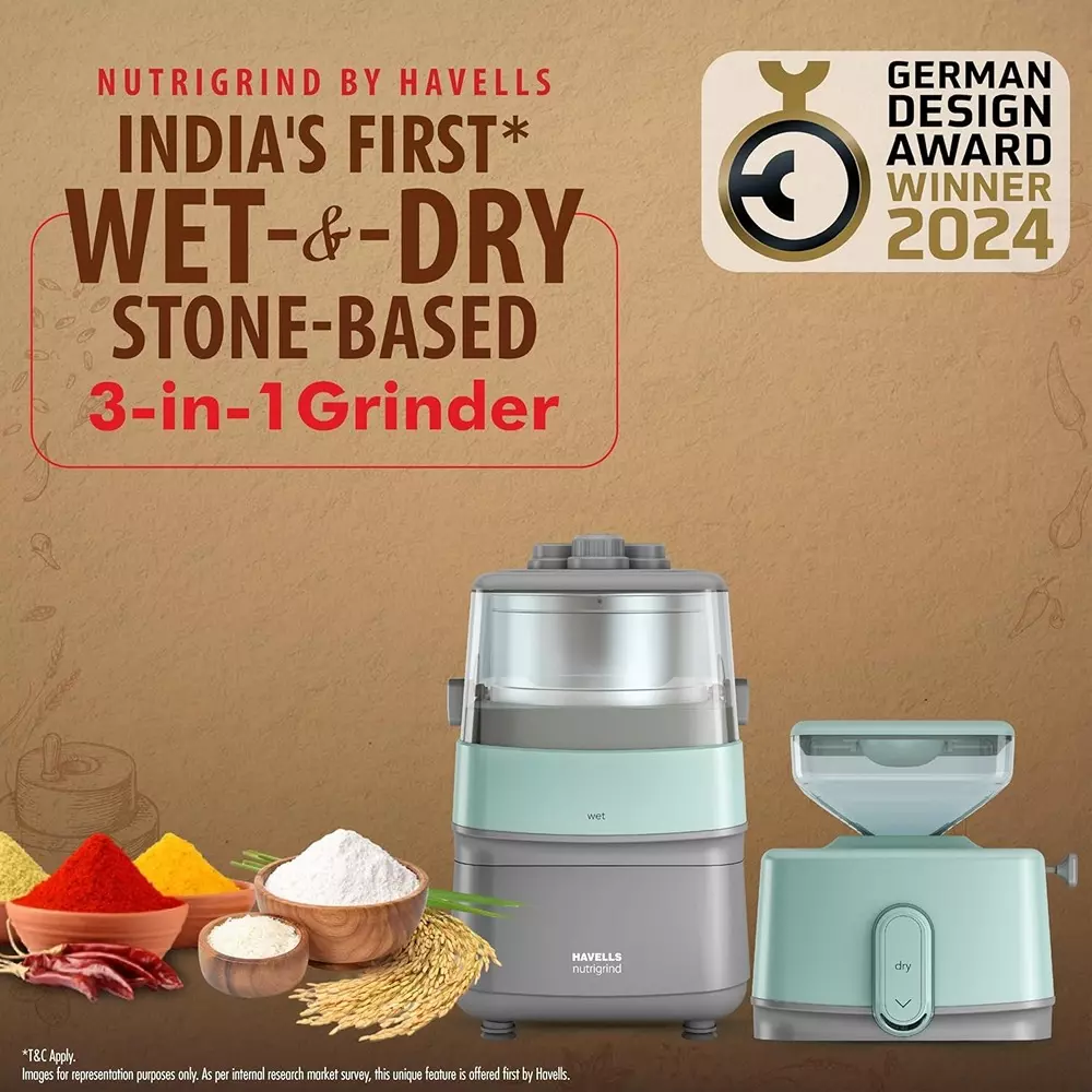 Havells Nutrigrind 400 W 3 in 1 WET & DRY GRINDER 1 L Grey & Pista Green, GHFMGFDE040