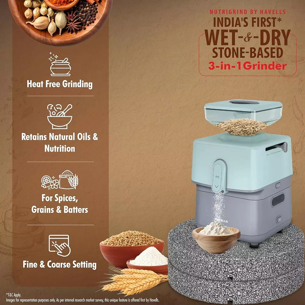 Havells Nutrigrind 400 W 3 in 1 WET & DRY GRINDER 1 L Grey & Pista Green, GHFMGFDE040