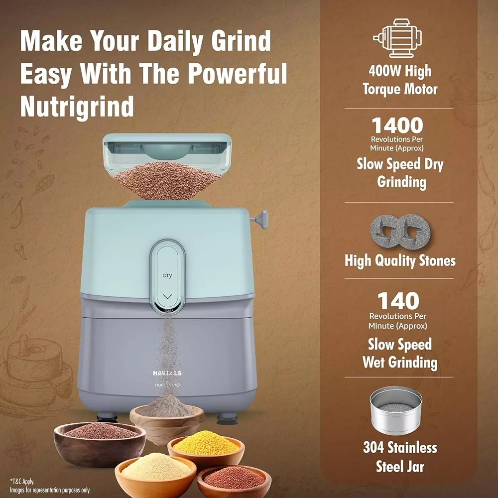 Havells Nutrigrind 400 W 3 in 1 WET & DRY GRINDER 1 L Grey & Pista Green, GHFMGFDE040