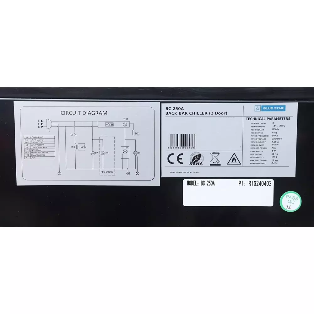 Blue Star Back-Bar Chiller Cabinet Freezers Blue 190 L Capacity, BC250A