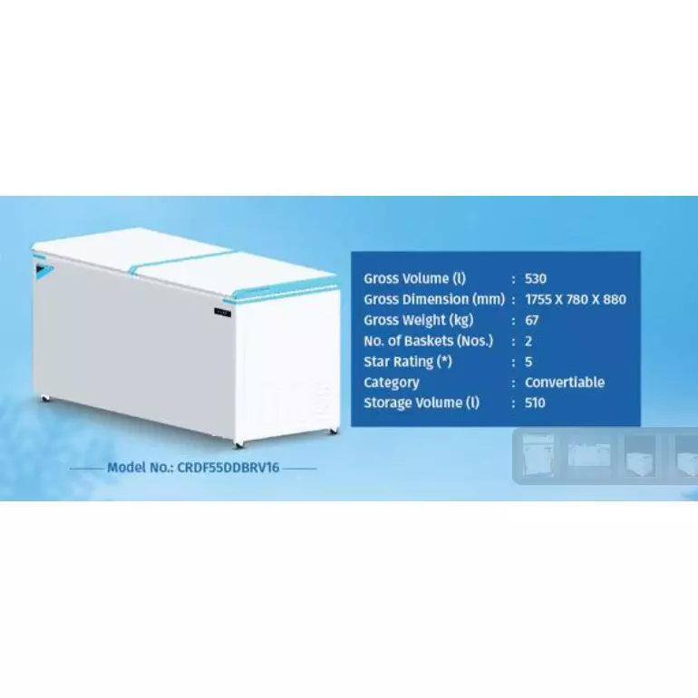 Daikin Hard Top Deep Freezer Double Door 1755x780x880 mm Digital Display 510 L Sorage Capacity 2 Basket for Kitchens & Restuarants, CRDF55DDBRV16