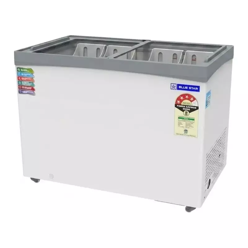 Blue Star Glass Top Deep Freezer with Castor Wheel Double (Slide) Door White 315 L Capacity for Home, Hotel & Shops Use, GT4-N350