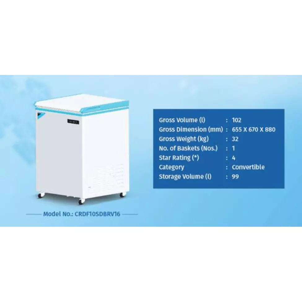 Daikin Hard Top Deep Freezer Single Door 655x670x880 mm Digital Display 99 L Sorage Capacity 1 Basket for Kitchens & Restuarants, CRDF10SDBRV16