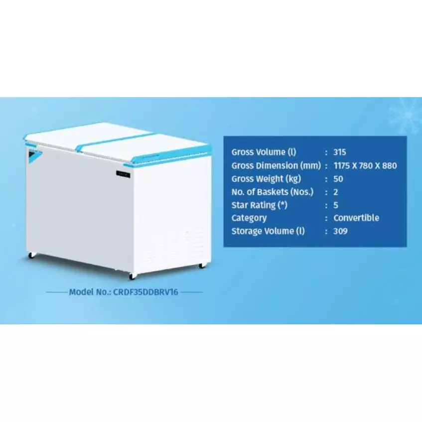 Daikin Hard Top Deep Freezer Double Door 1175x780x880 mm Digital Display 309 L Sorage Capacity 2 Basket for Kitchens & Restuarants, CRDF35DDBRV16