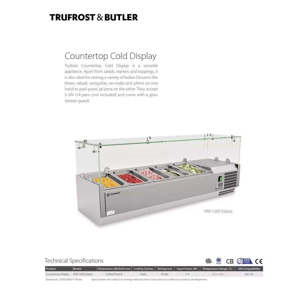 Trufrost Countertop Refrigerated Display Suitable for 5 x GN 1/4 Pans, VRX 1200 (Glass)