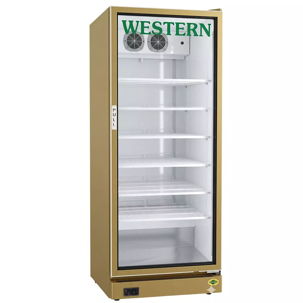 Western 500-700 L Vertical Pastry Cooler Golden Color Single Glass Door and 8 Shelves, PTW775VHC-PGD