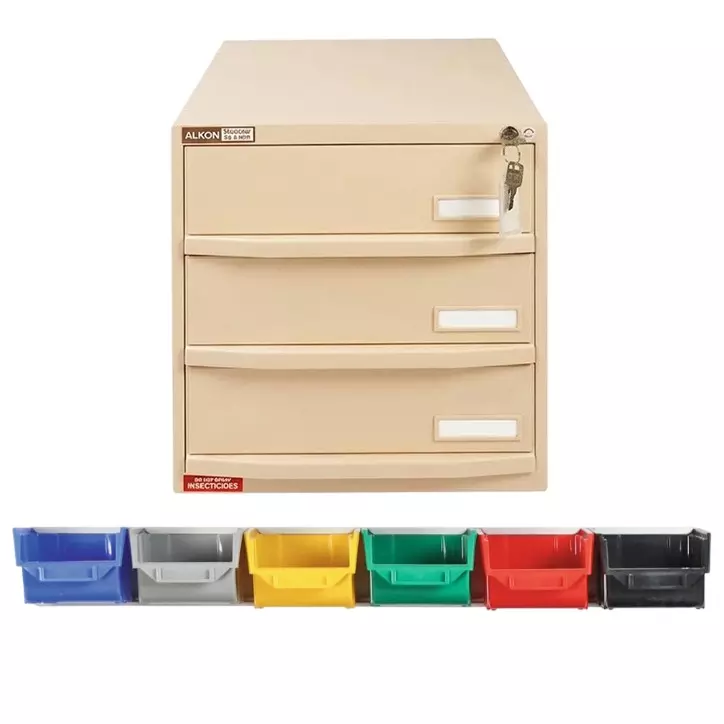 ALKON Crash Cart Component Box With Bins, Beige Color Rectangular Shape and 3 Lockable Drawers