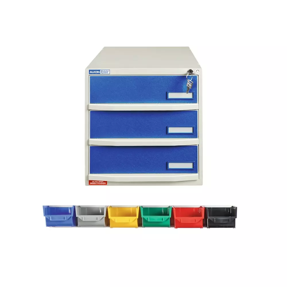 ALKON Crash Cart Component Box With Bins, Blue Color Rectangular Shape and 3 Lockable Drawers
