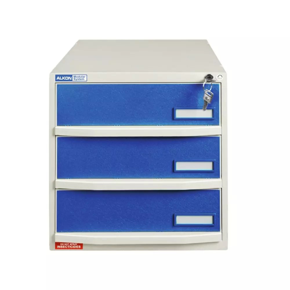 alkon-crash-cart-component-box-with-bins-blue-color-rectangular-shape-and-3-lockable-drawers