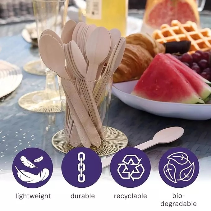 UMBRELLA CORPORATION 140 mm Disposable Spoons Wooden Body  for Parties, Weddings, Events (Pack of 100)