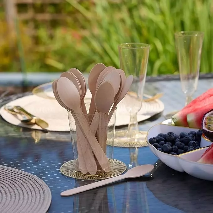 UMBRELLA CORPORATION 140 mm Disposable Spoons Wooden Body  for Parties, Weddings, Events (Pack of 100)